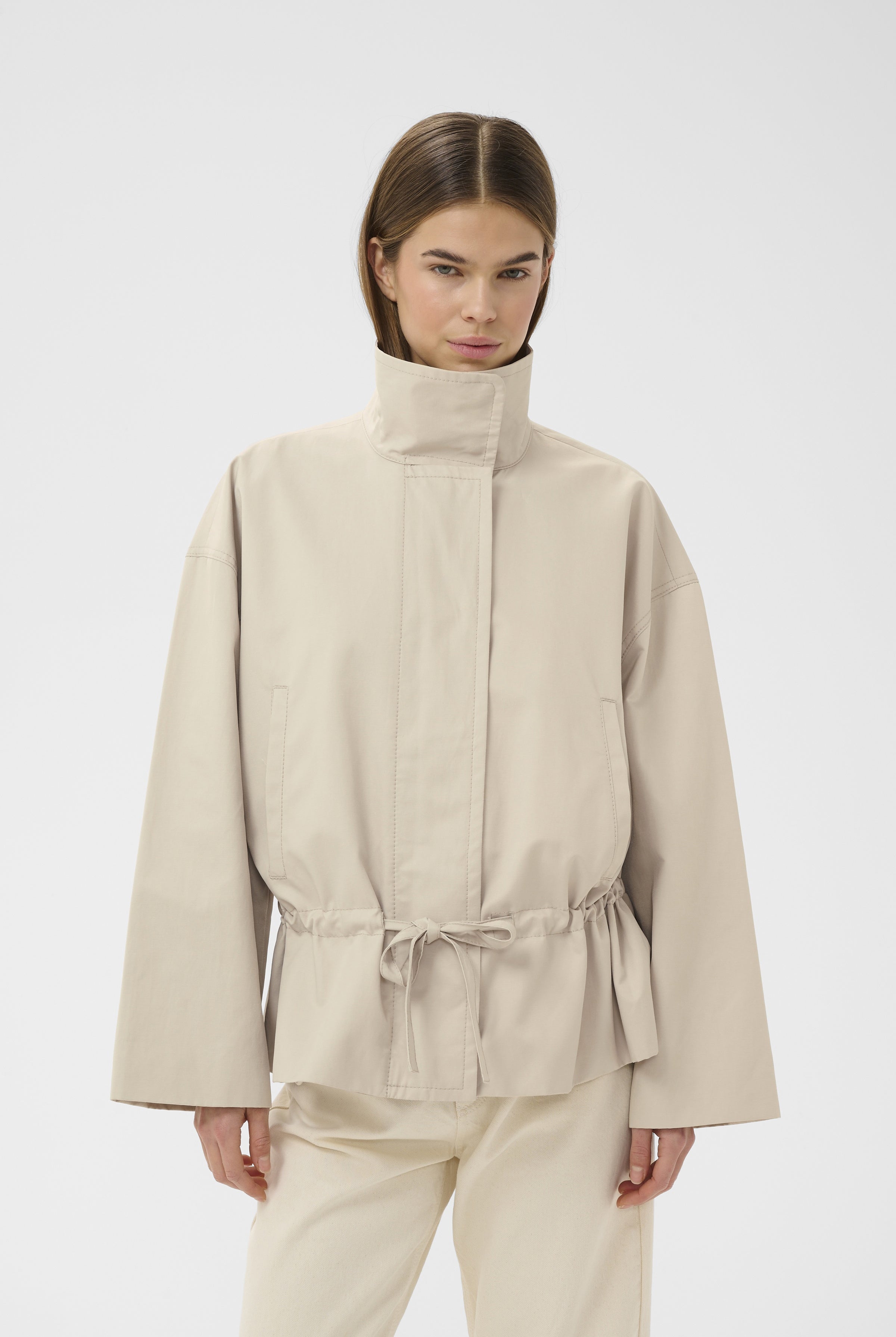 InWear Grace Lynn boxy fit jacket in light beige with stand collar front view