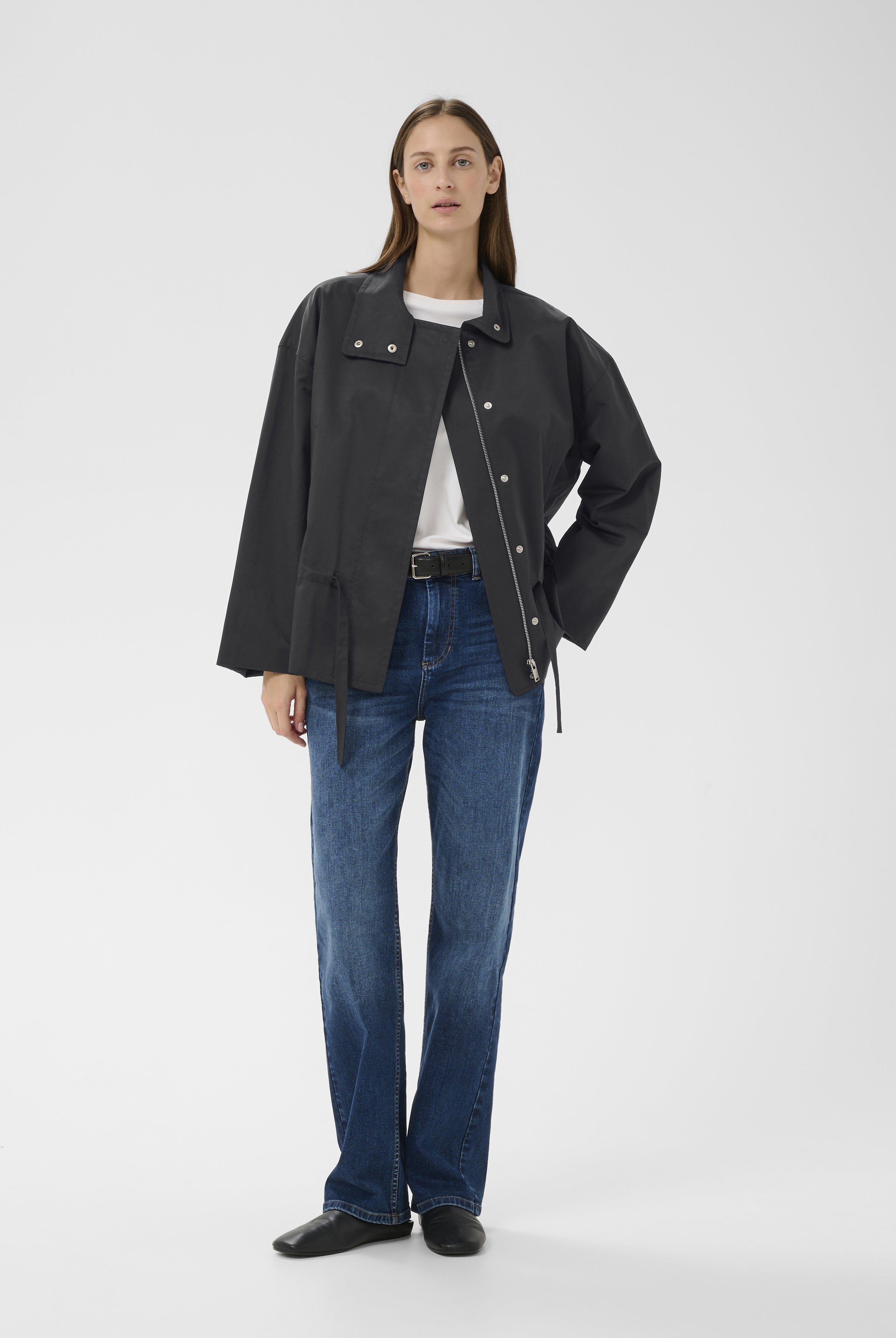 InWear Grace Lynn boxy fit jacket navy worn open front view