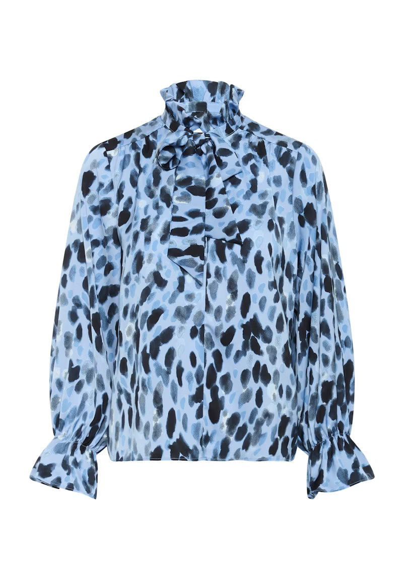 Flat lay of InWear Gracie blue printed blouse with ruffle neck and cuffs