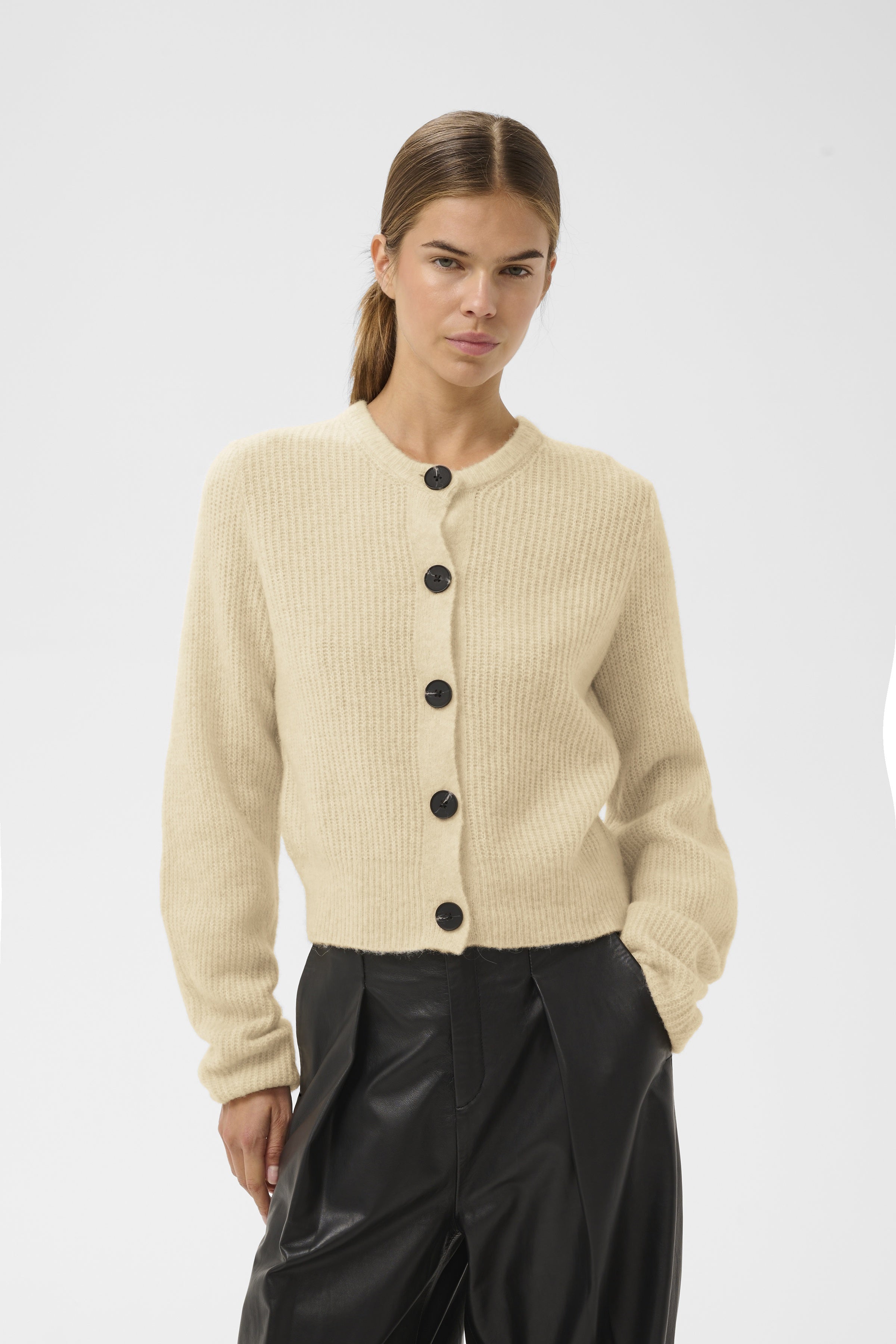 InWear Nias cream soft knitted cardigan styled with wide leg trousers