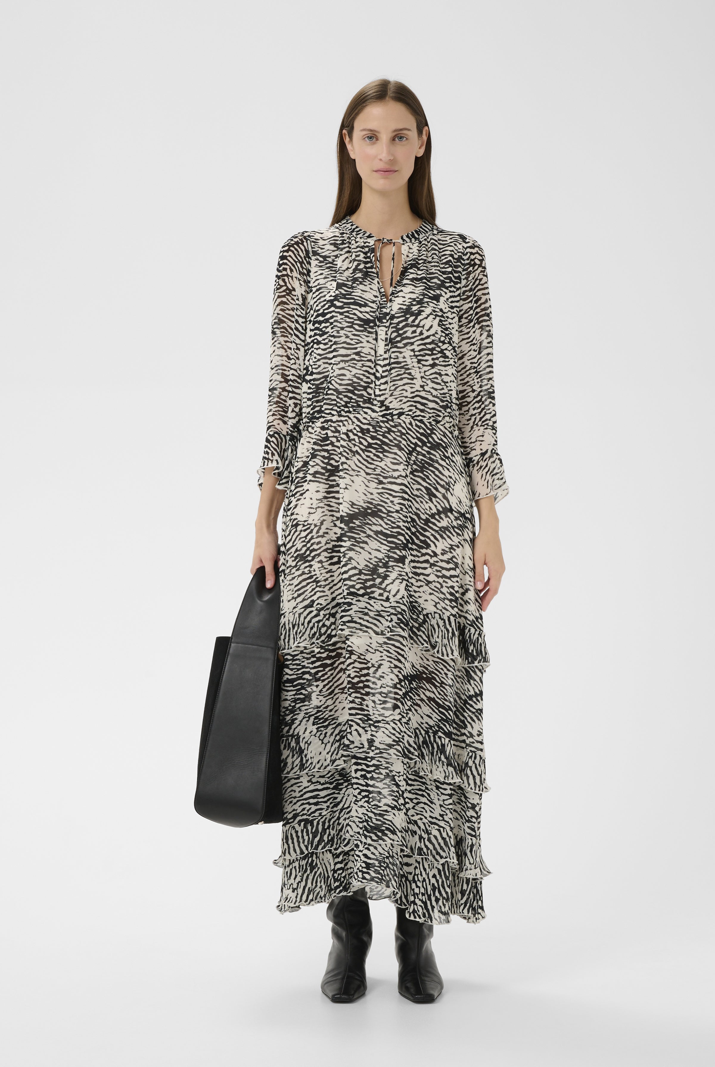 InWear Lyon black and white printed midi dress front view