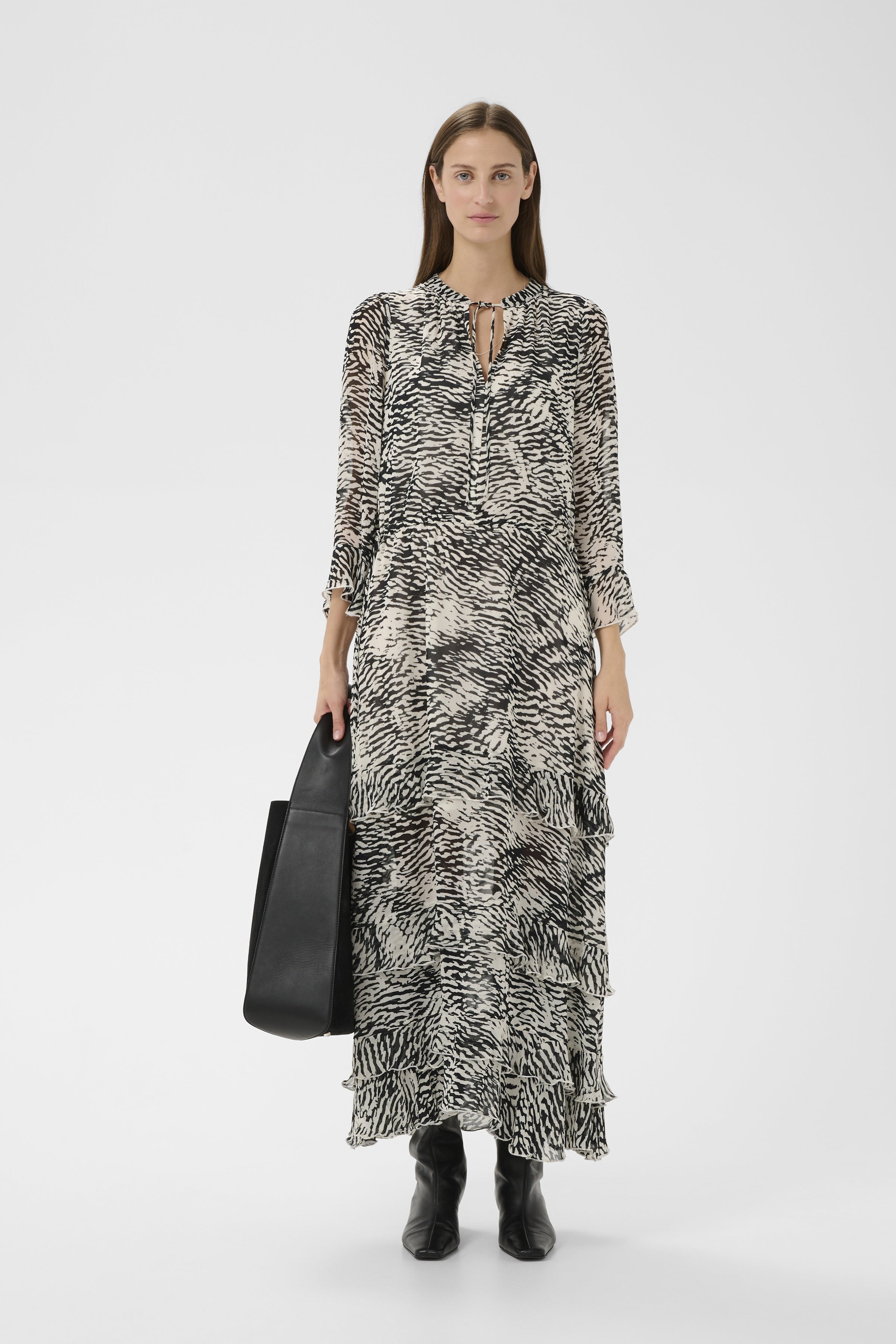 InWear Lyon black and white printed midi dress front view