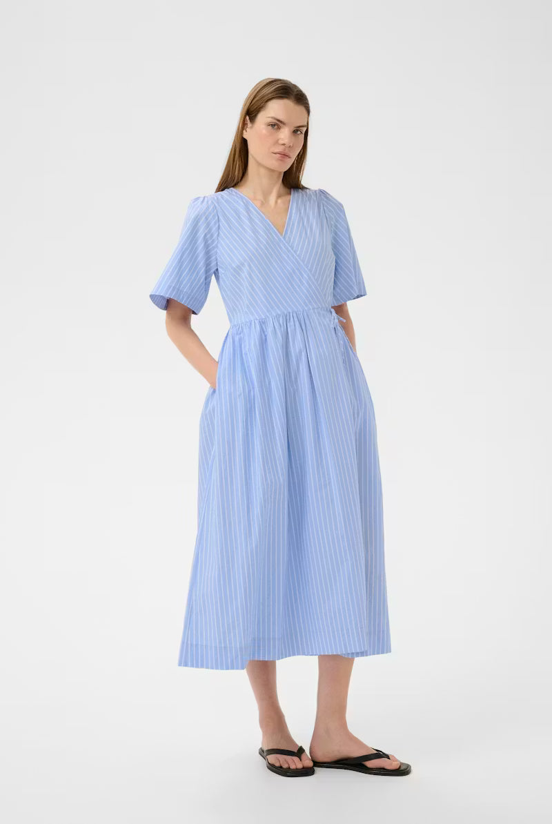 InWear blue and white striped wrap midi dress front view