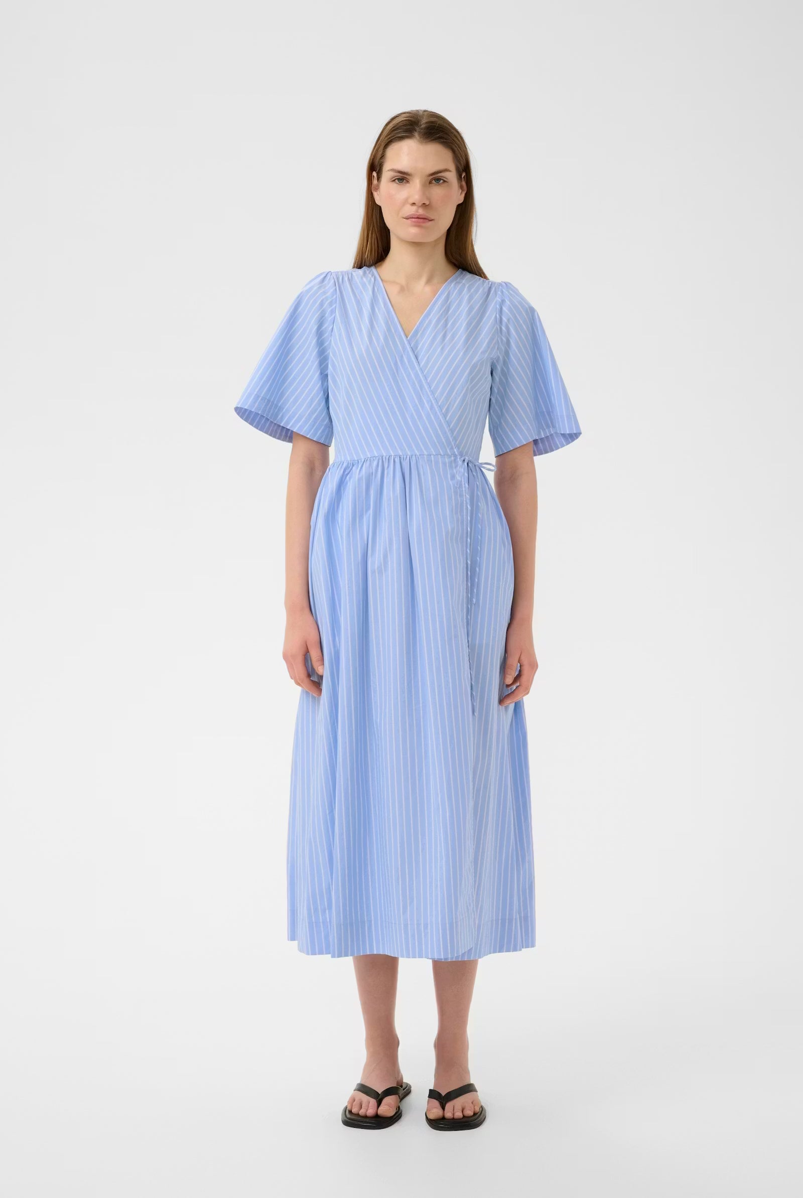 Blue striped midi dress with short sleeves full length front - Inwear