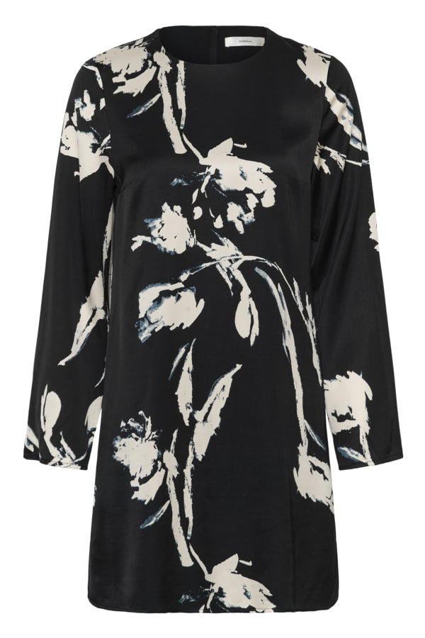 InWear Meadow black floral mini dress close-up showing relaxed silhouette