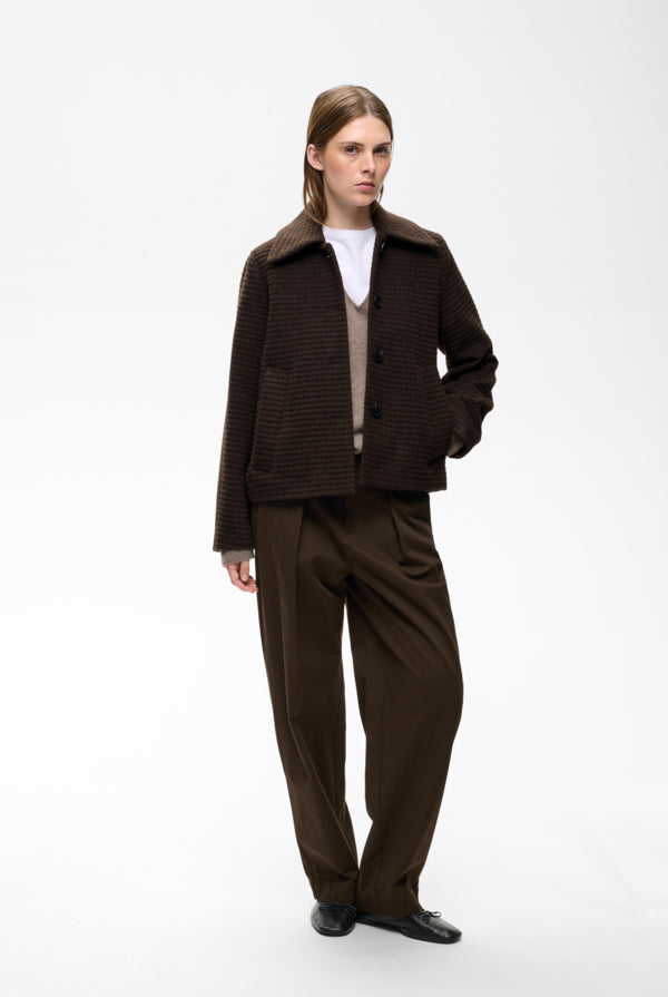 InWear Hendrix brown short button jacket styled with layered knitwear