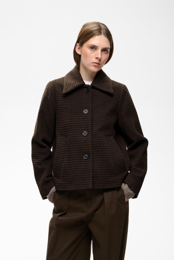 InWear Hendrix brown short collared jacket front view on model