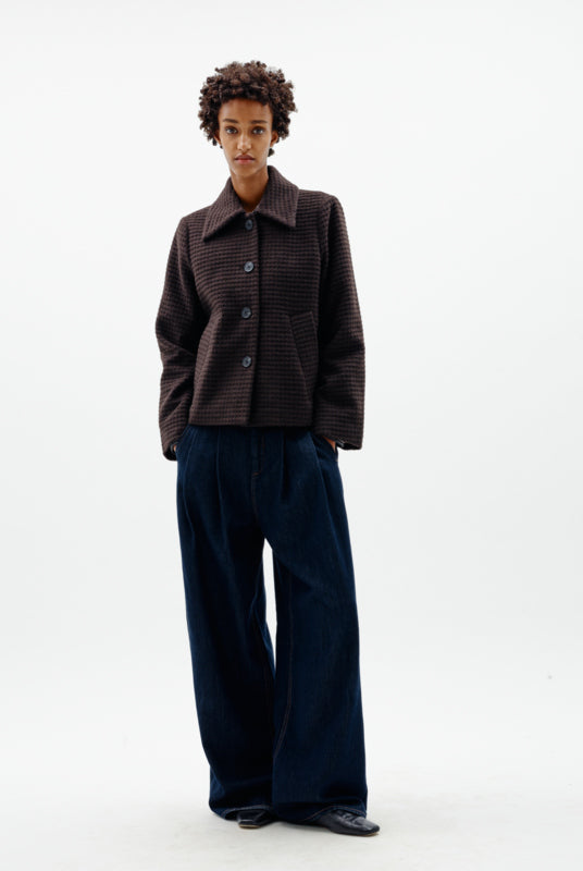 MInWear Hendrix brown short jacket styled with navy wide leg trousers