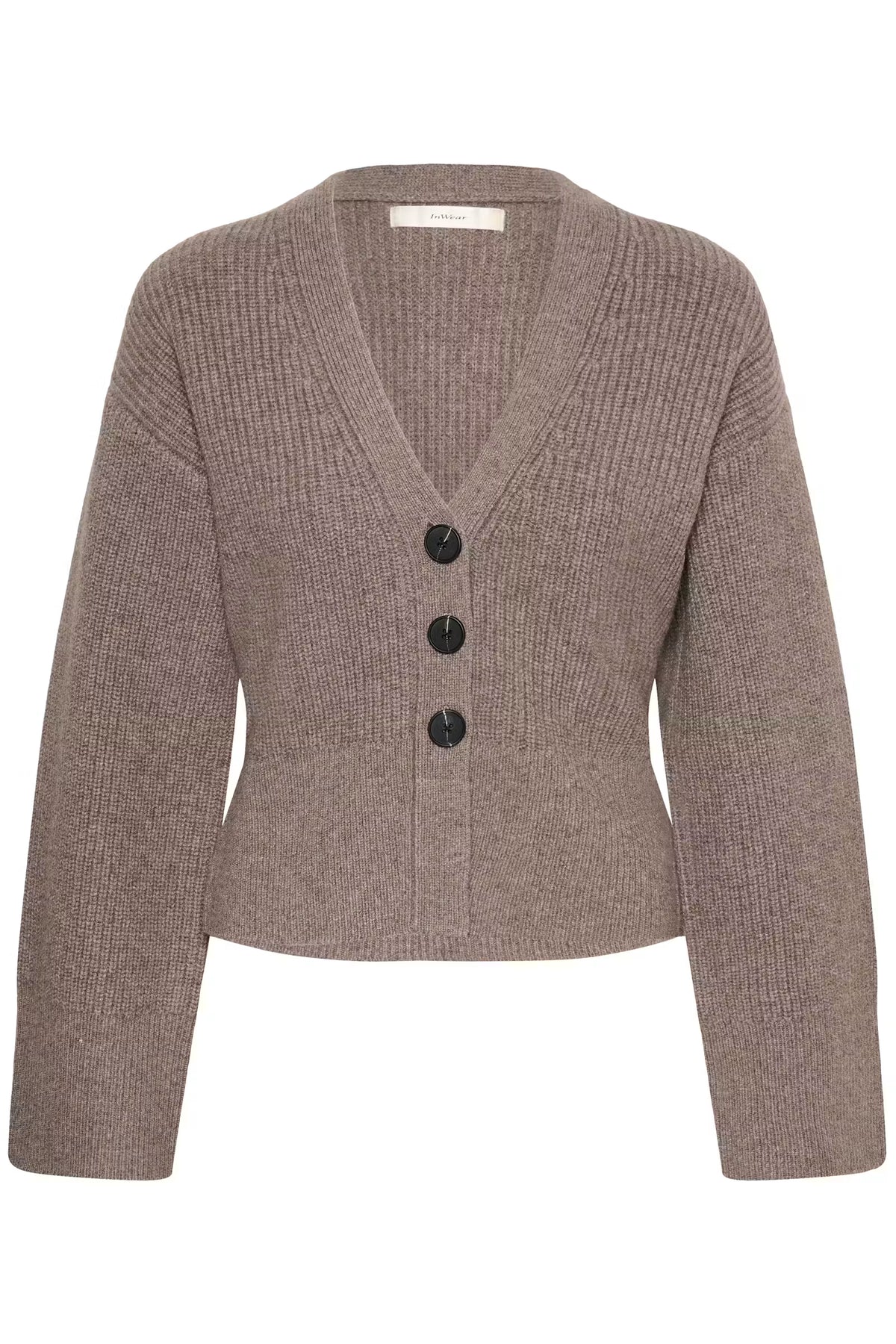 InWear Noomi Kaxy taupe ribbed wool cardigan with three black buttons – product front view