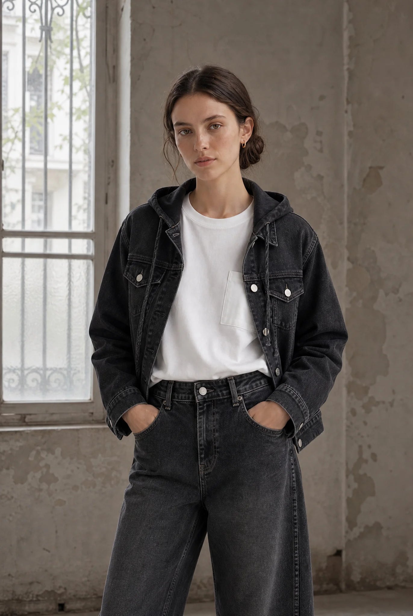 Jane Lushka Jessie faded black hooded denim jacket front view