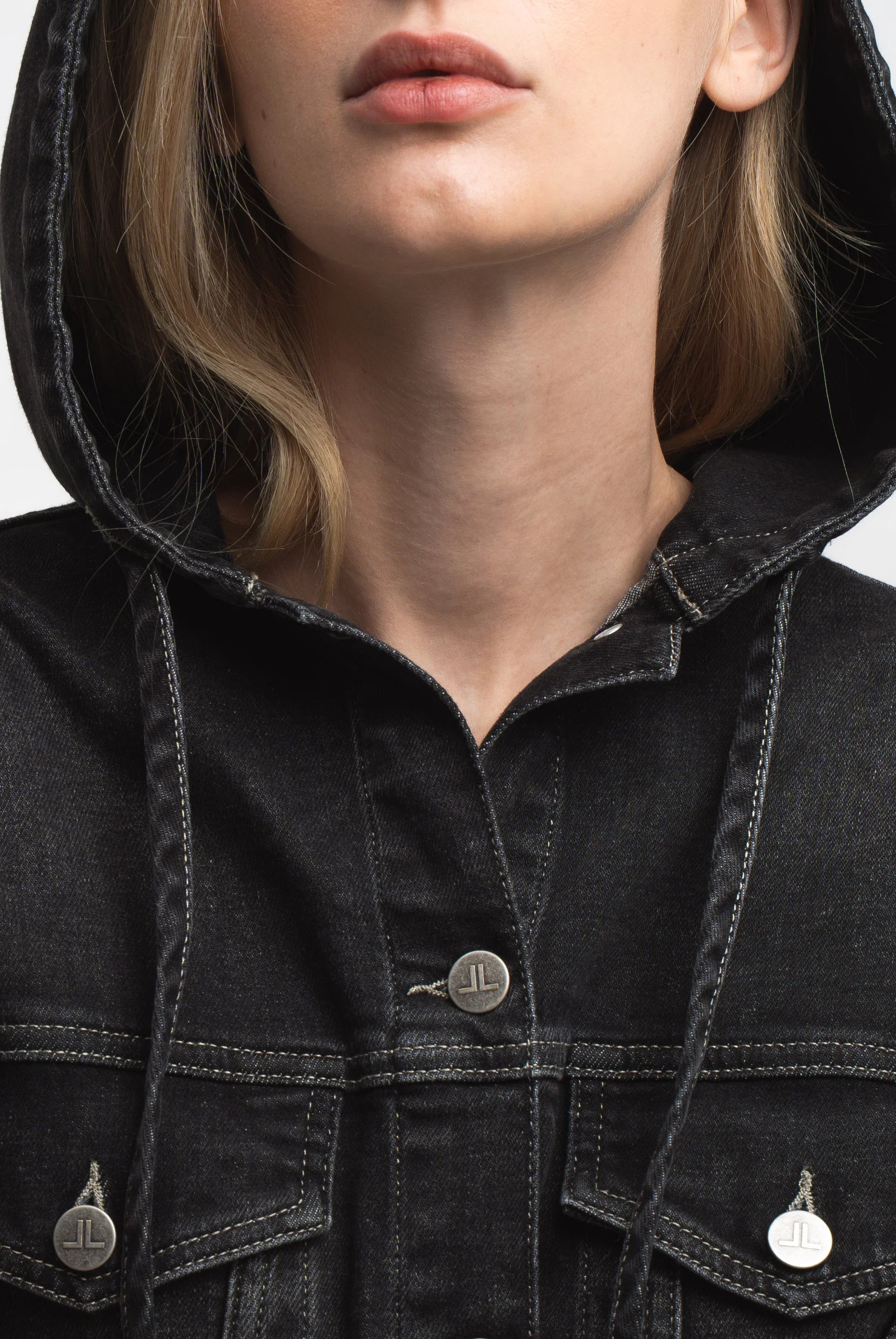 Jane Lushka Jessie black denim jacket hood and button detail