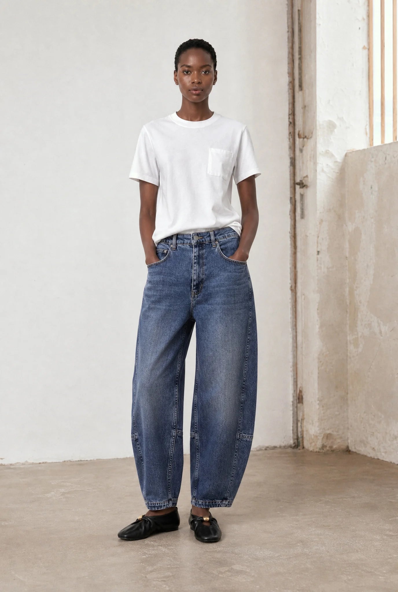 Jane Lushka Nevada blue mid rise cropped barrel leg jeans