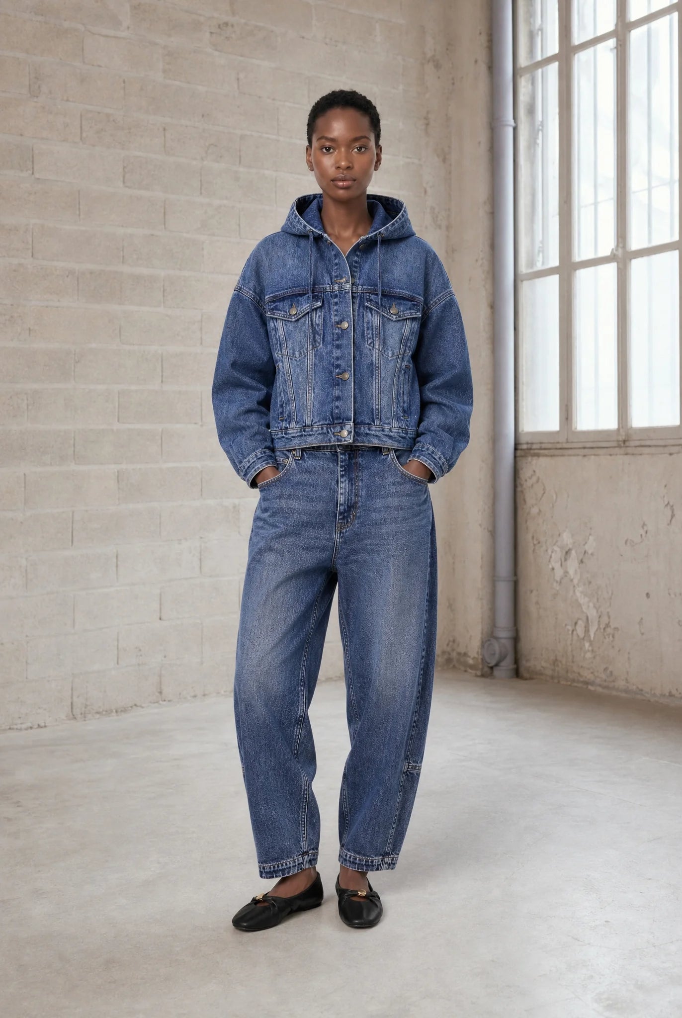 Jane Lushka Nevada blue barrel leg jeans styled with denim jacket