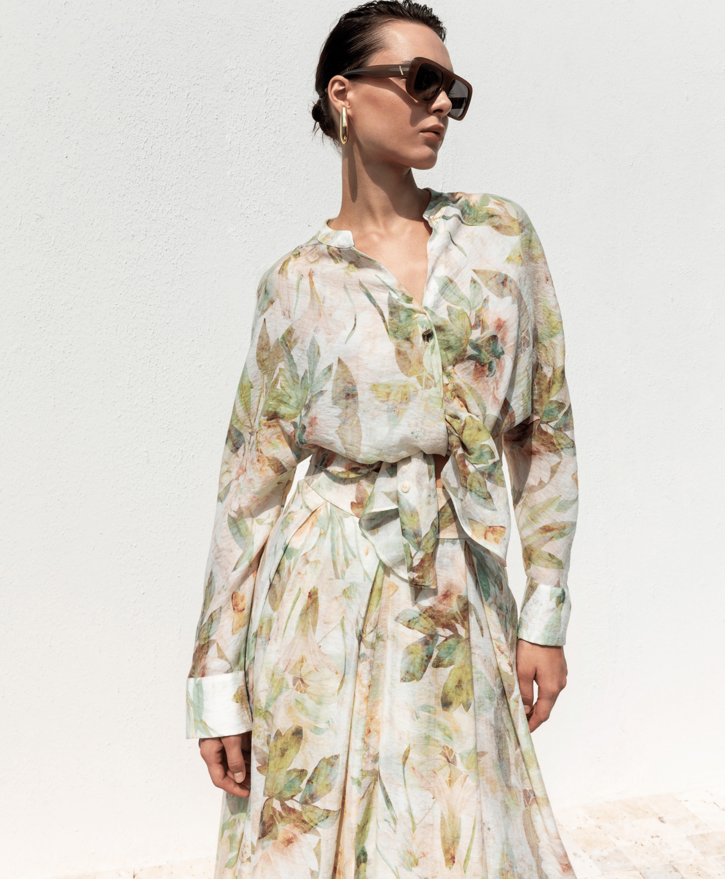 Kameya cream and green botanic print lyocell blouse worn styled front view