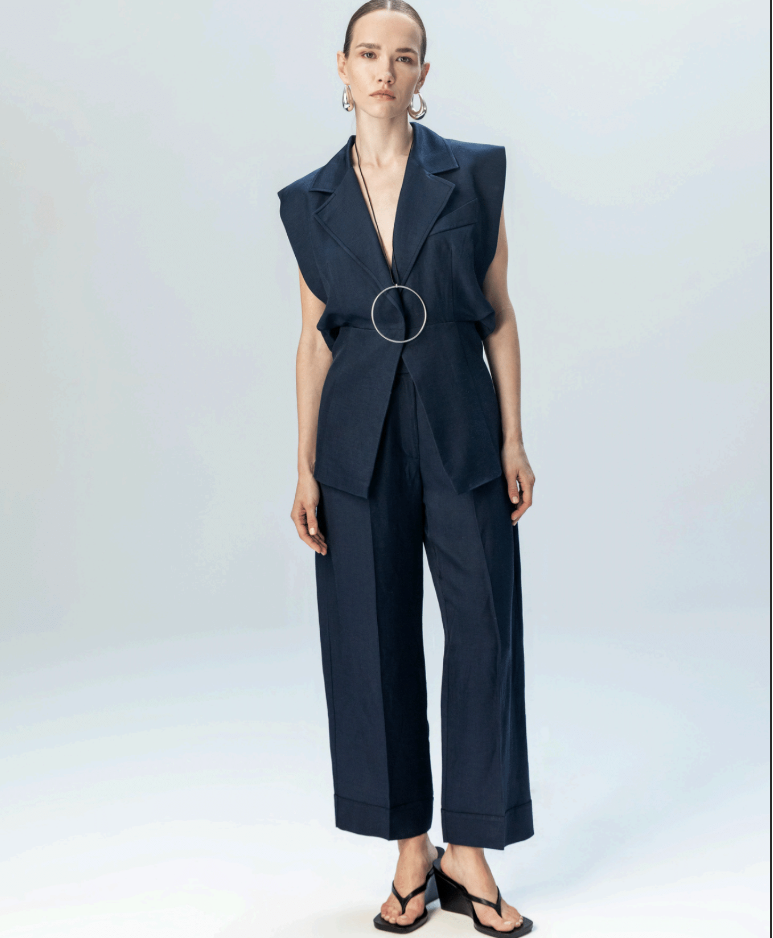 Kameya navy wide leg pleat front trousers front view