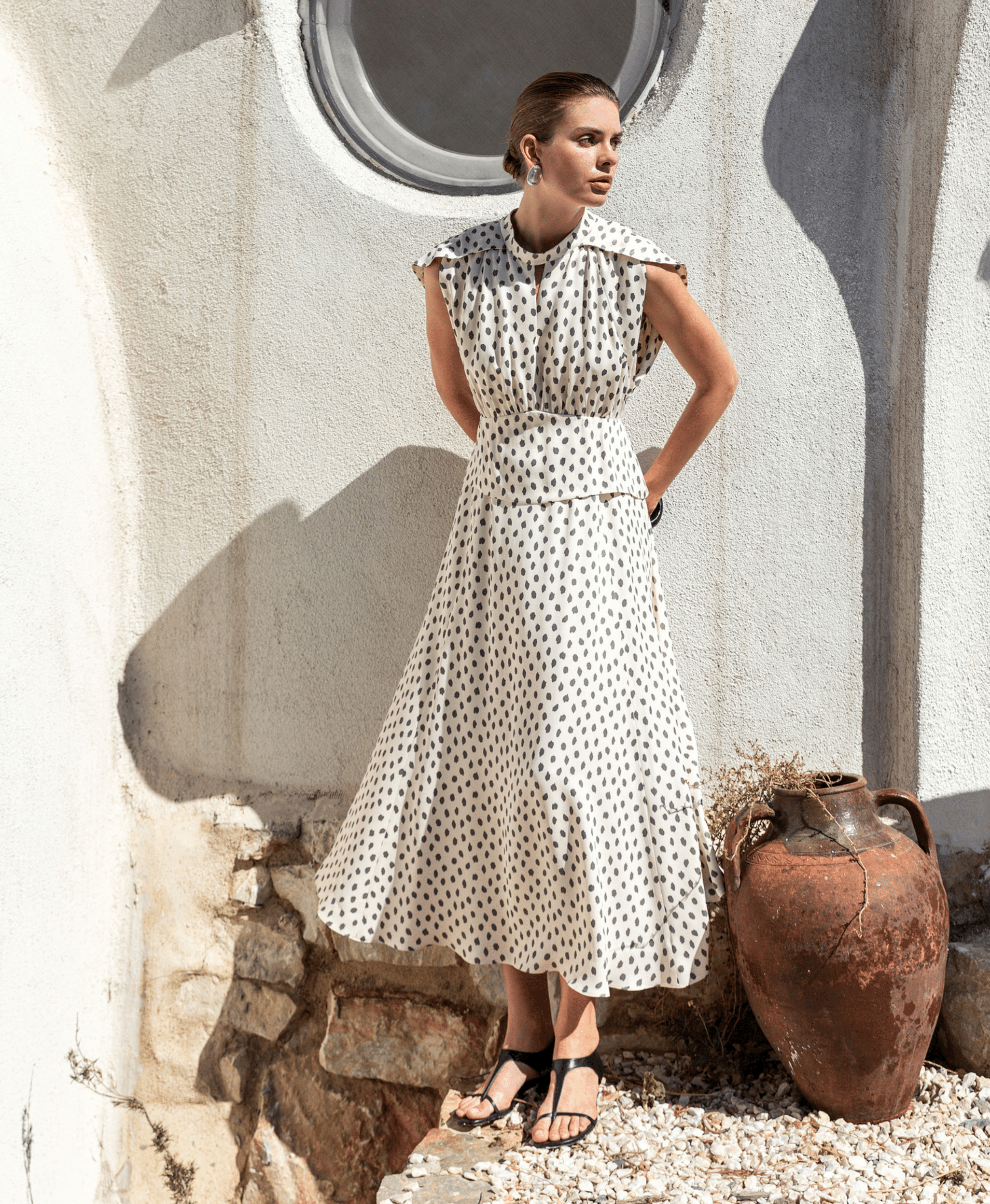 Kameya cream and black dot print dress fabric and leyhole detail