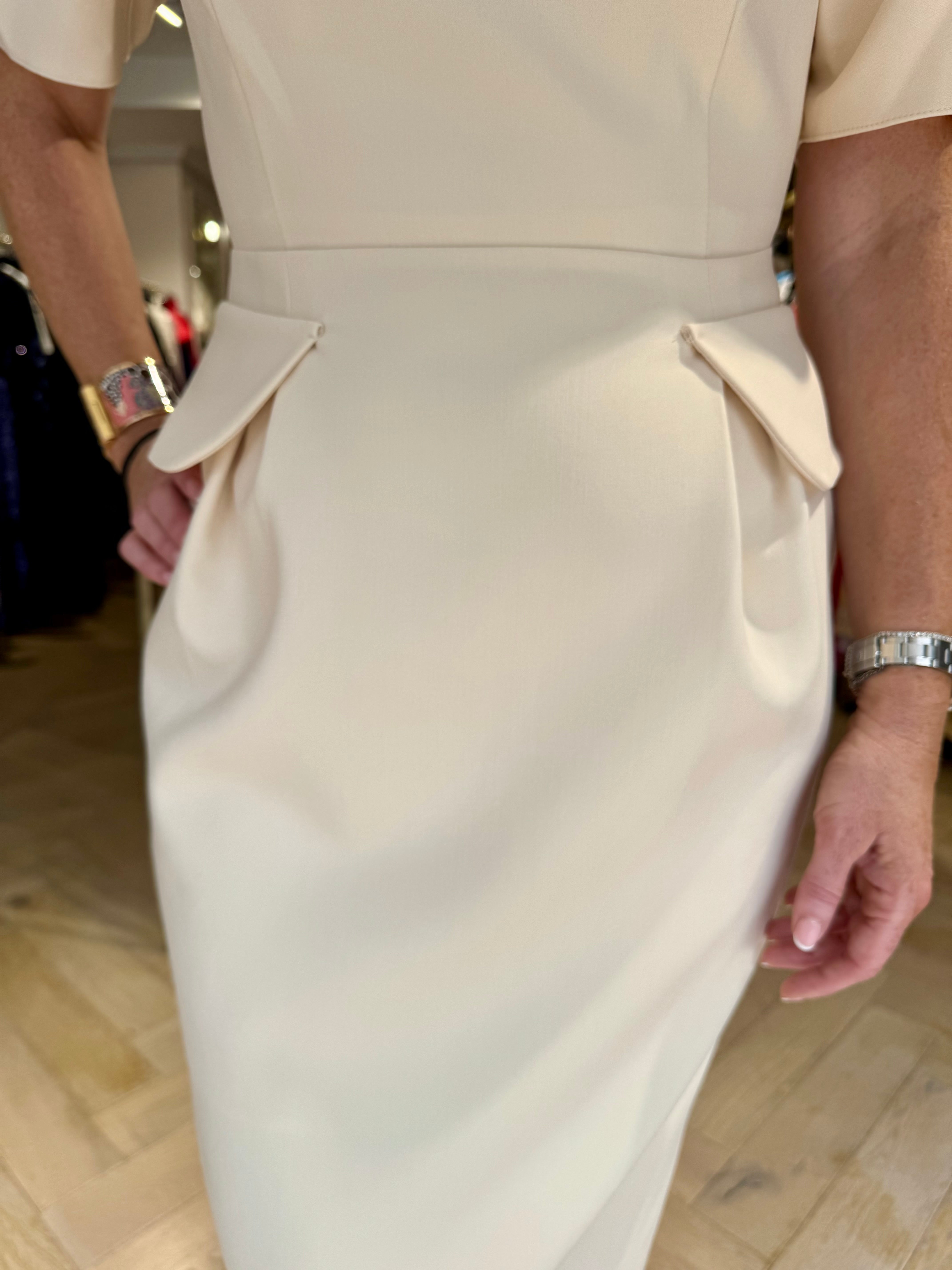 Kameya Draped Shoulder Midi Dress with centre back slit