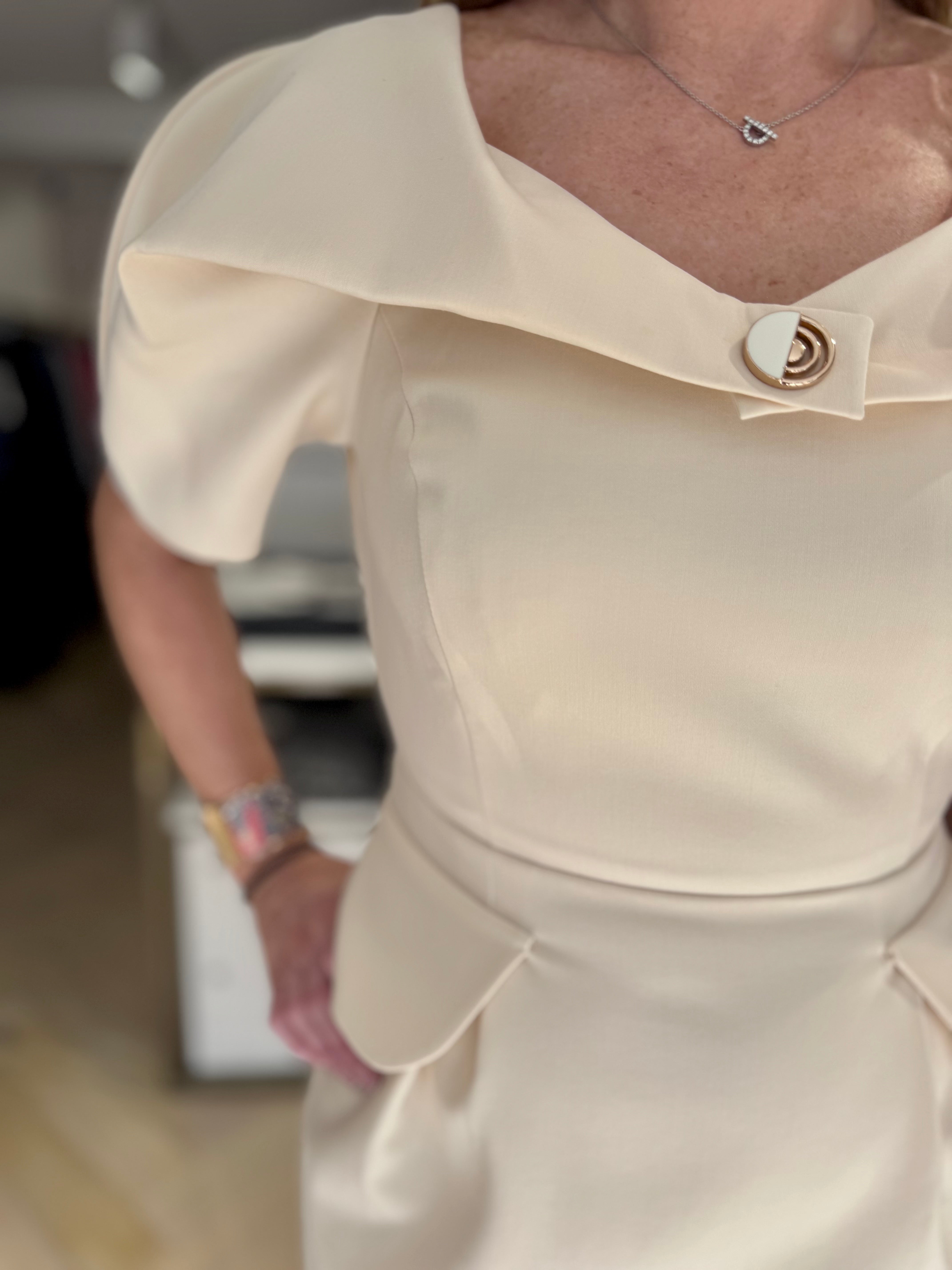 Waist and bodice detail of Kameya Draped Shoulder Midi Dress in cream