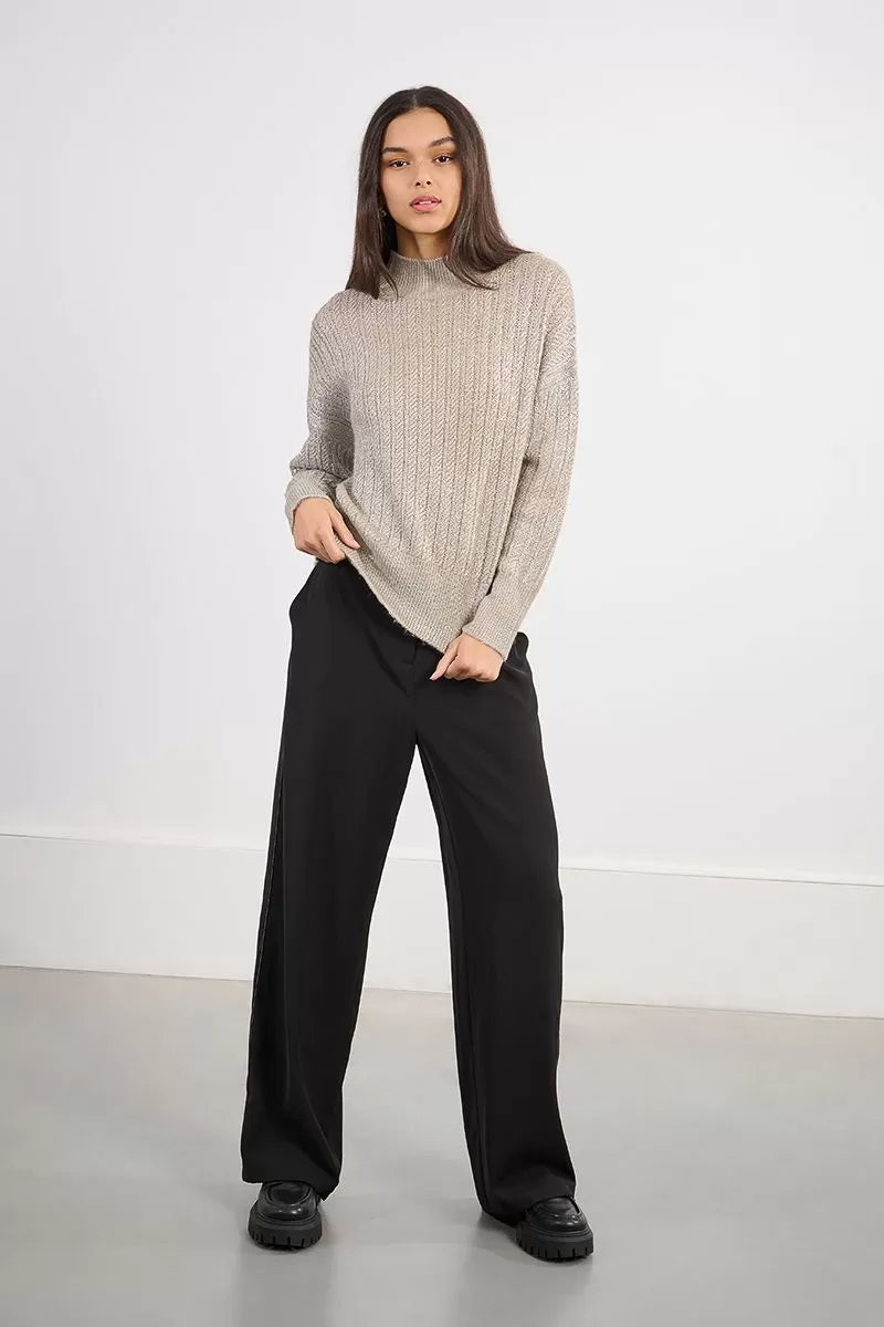 Lili Sidonio iridescent cable knit jumper in neutral tone with mock funnel neck