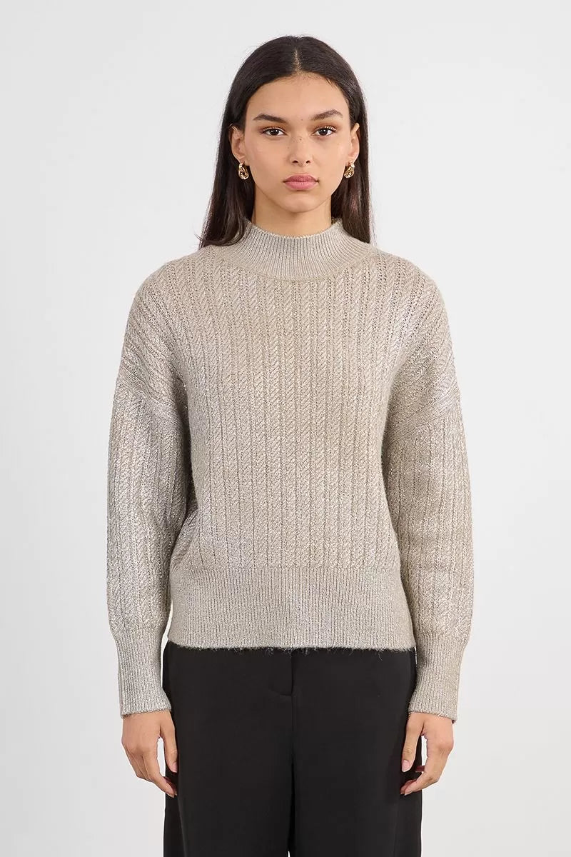 Lili Sidonio sparkly cable knit jumper in neutral tone with turtle neck