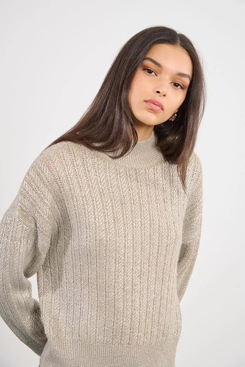 Side view of Lili Sidonio shimmer knit jumper with relaxed fit sleeves