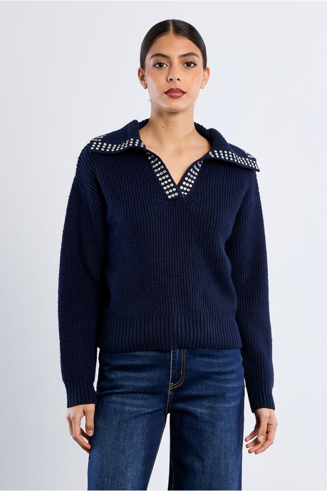 Lili Sidonio women’s navy studded knit jumper on model