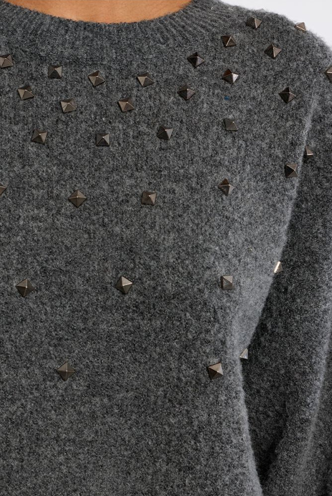 Lili Sidonio grey knit jumper metallic stud detail close-up