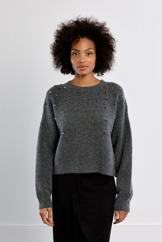 Lili Sidonio grey studded knit jumper front view