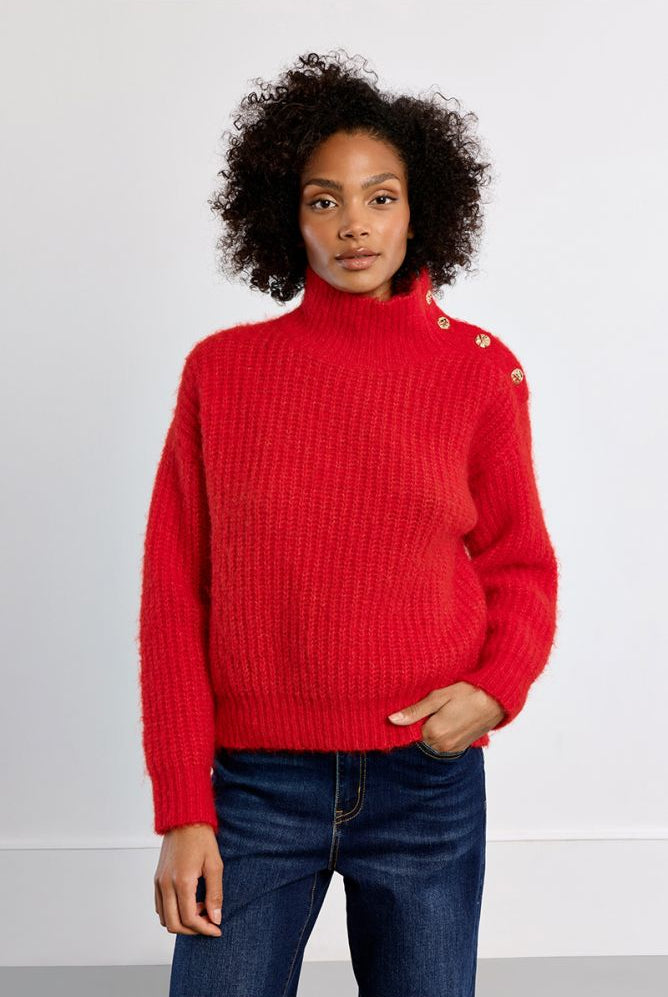Lili Sidonio red fluffy high neck button jumper front view