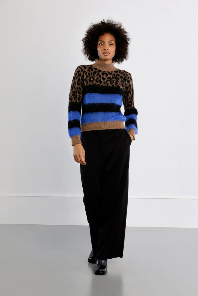 Lili Sidonio leopard and blue stripe jumper full-length styling view