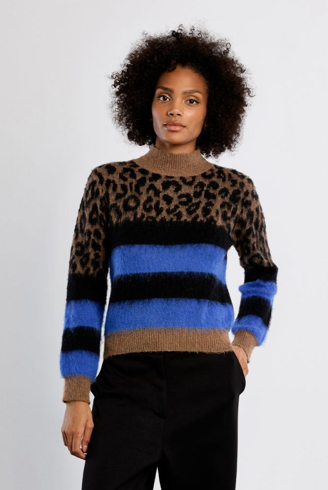 Lili Sidonio leopard and blue stripe knitted jumper front view
