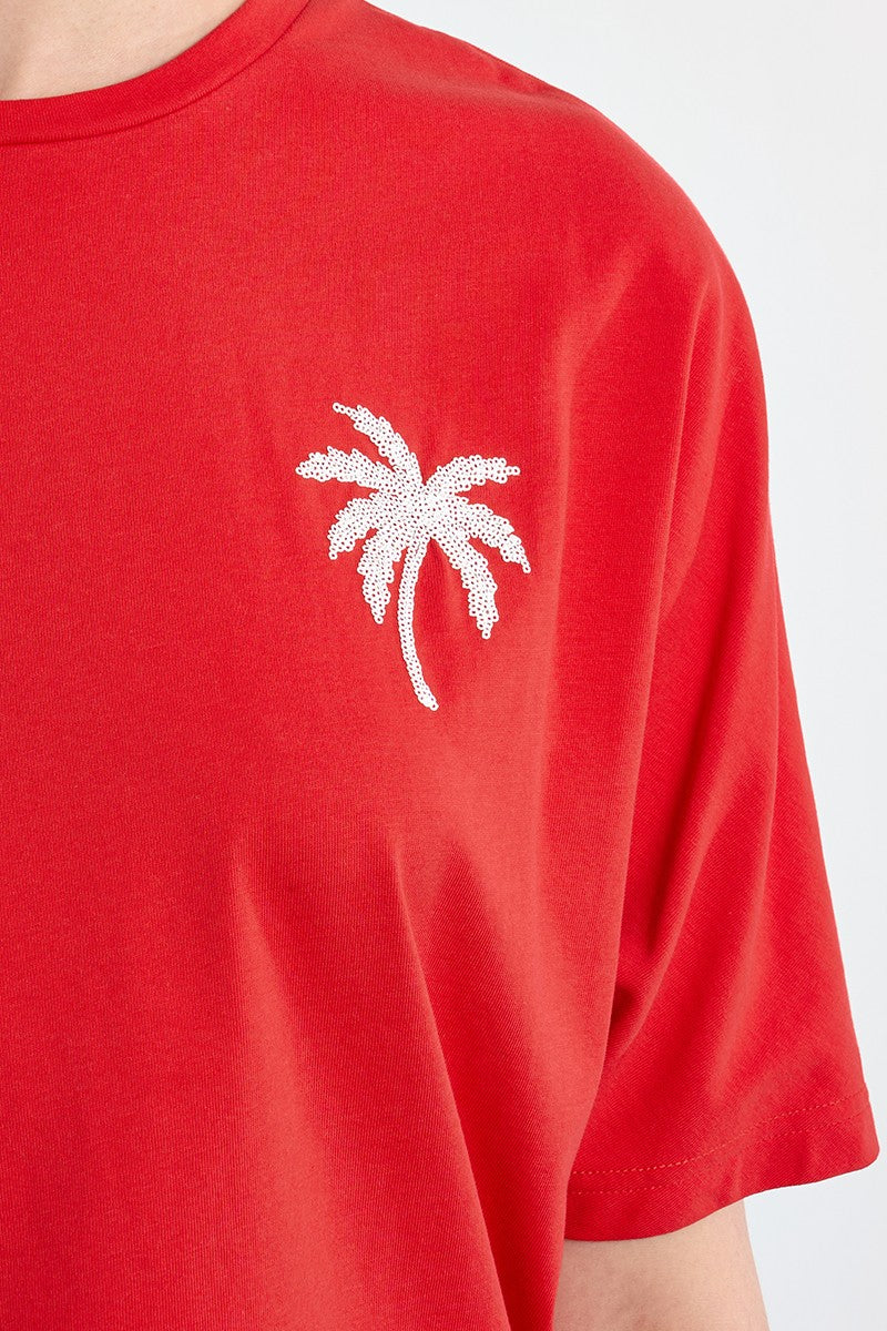 Lili Sidonio red oversized T-shirt sequin palm tree detail