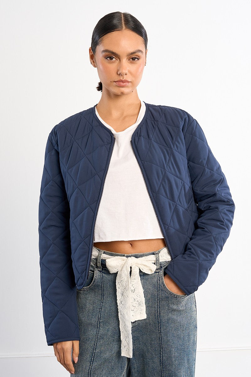 Lili Sidonio navy quilted zip jacket lightweight diamond quilted jacket front view