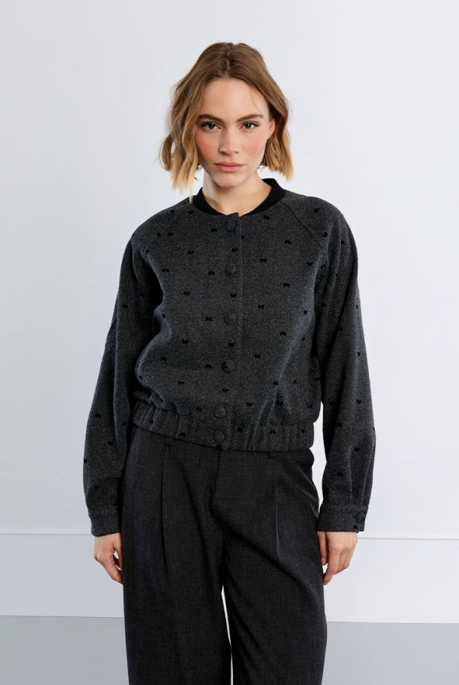 Lili Sidonio dark grey bow detail tweed bomber jacket front view