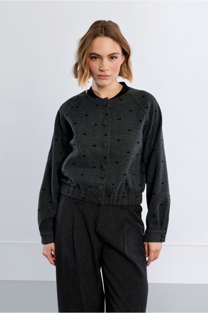 Lili Sidonio dark grey bow detail tweed bomber jacket front view