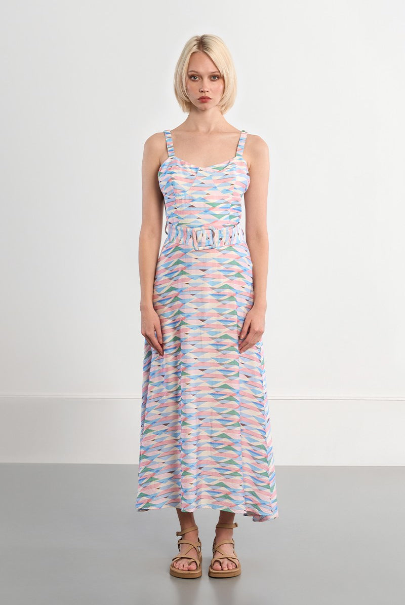 Lili Sidonio geometric print belted maxi dress front view
