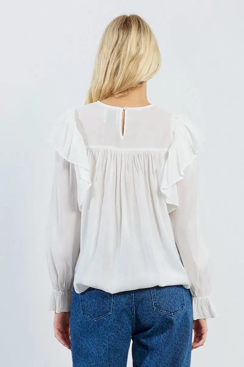 Rear view of Lili Sidonio white blouse with keyhole button