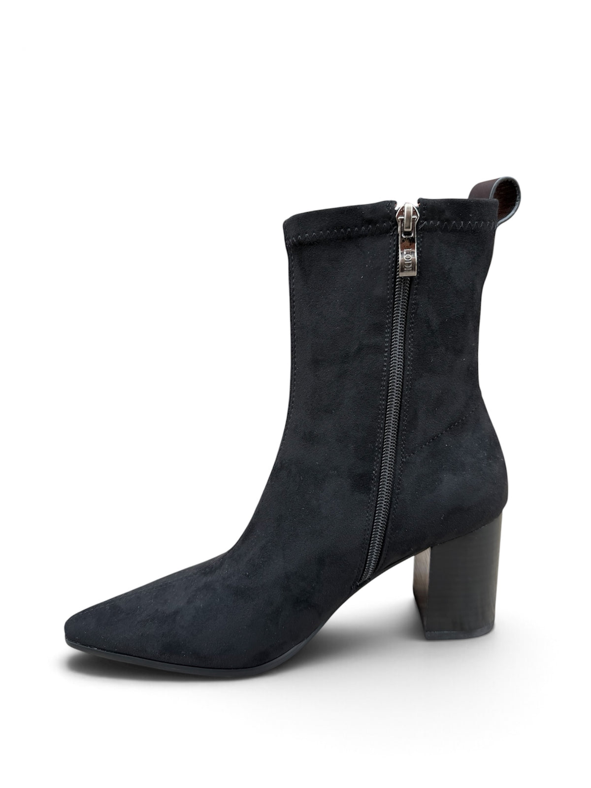 Lodi Ginebra black suede ankle boot – zip side view