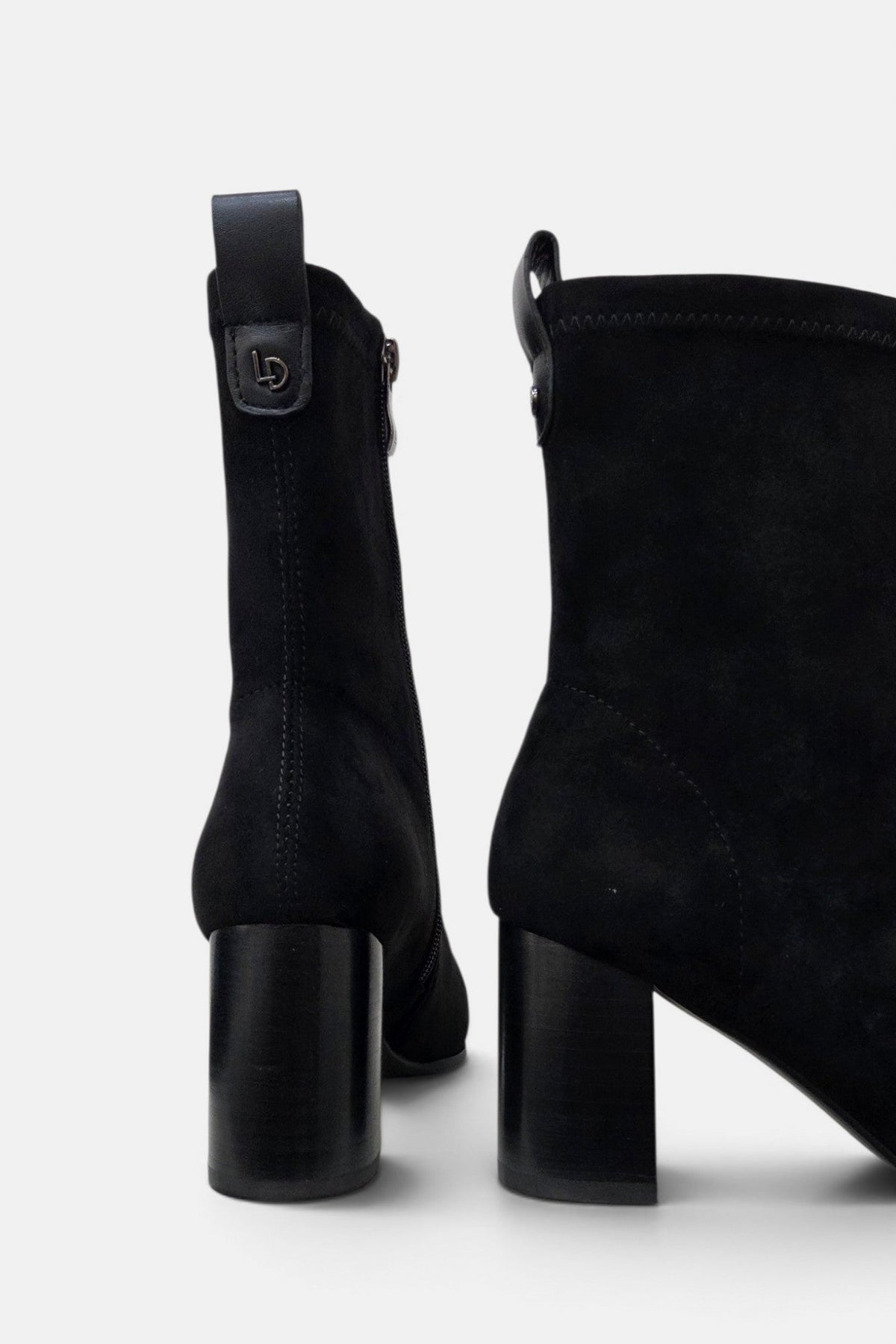 Lodi Ginebra black suede sock ankle boots – rear pair detail