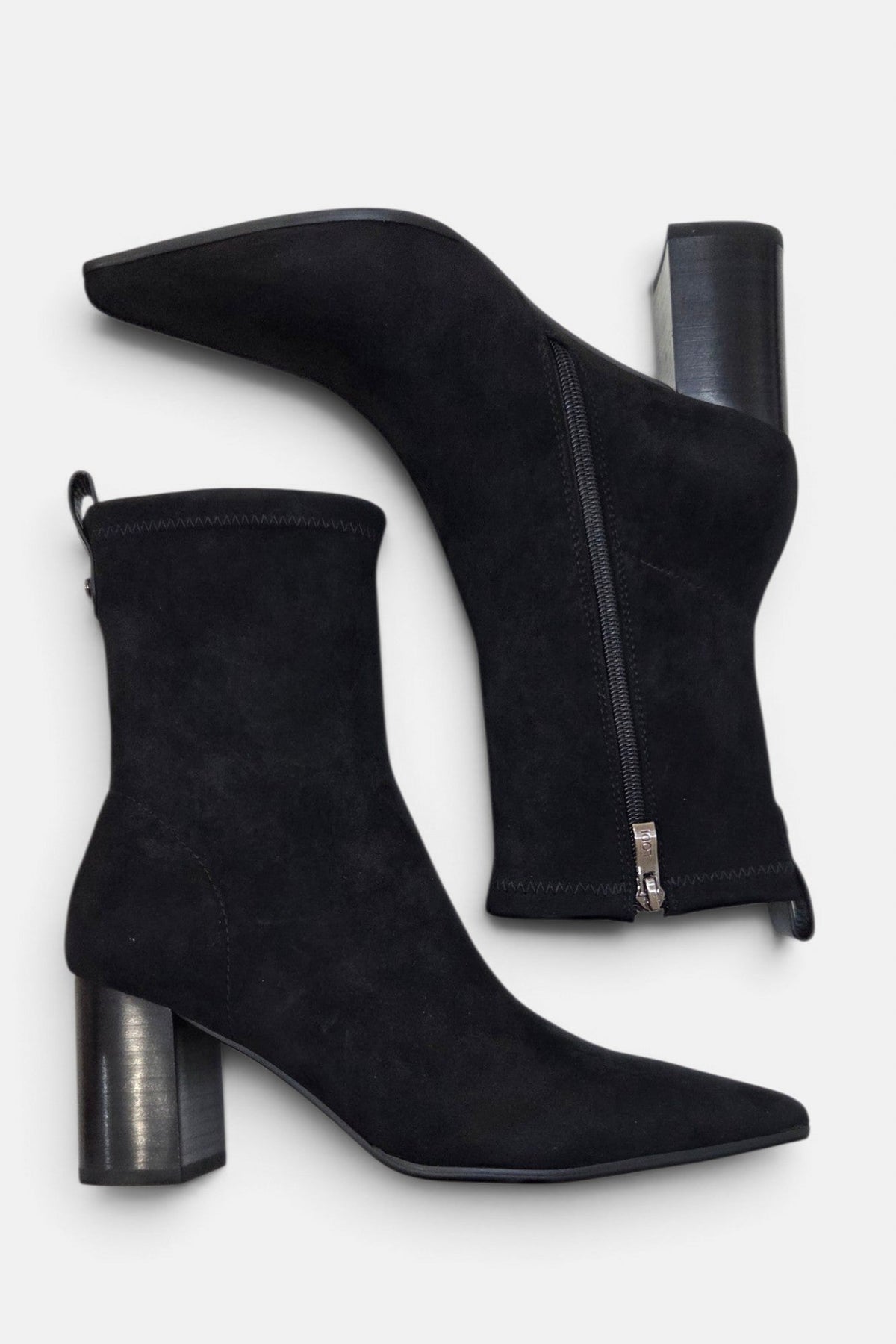 Lodi Ginebra black suede ankle boots – zip and heel detail