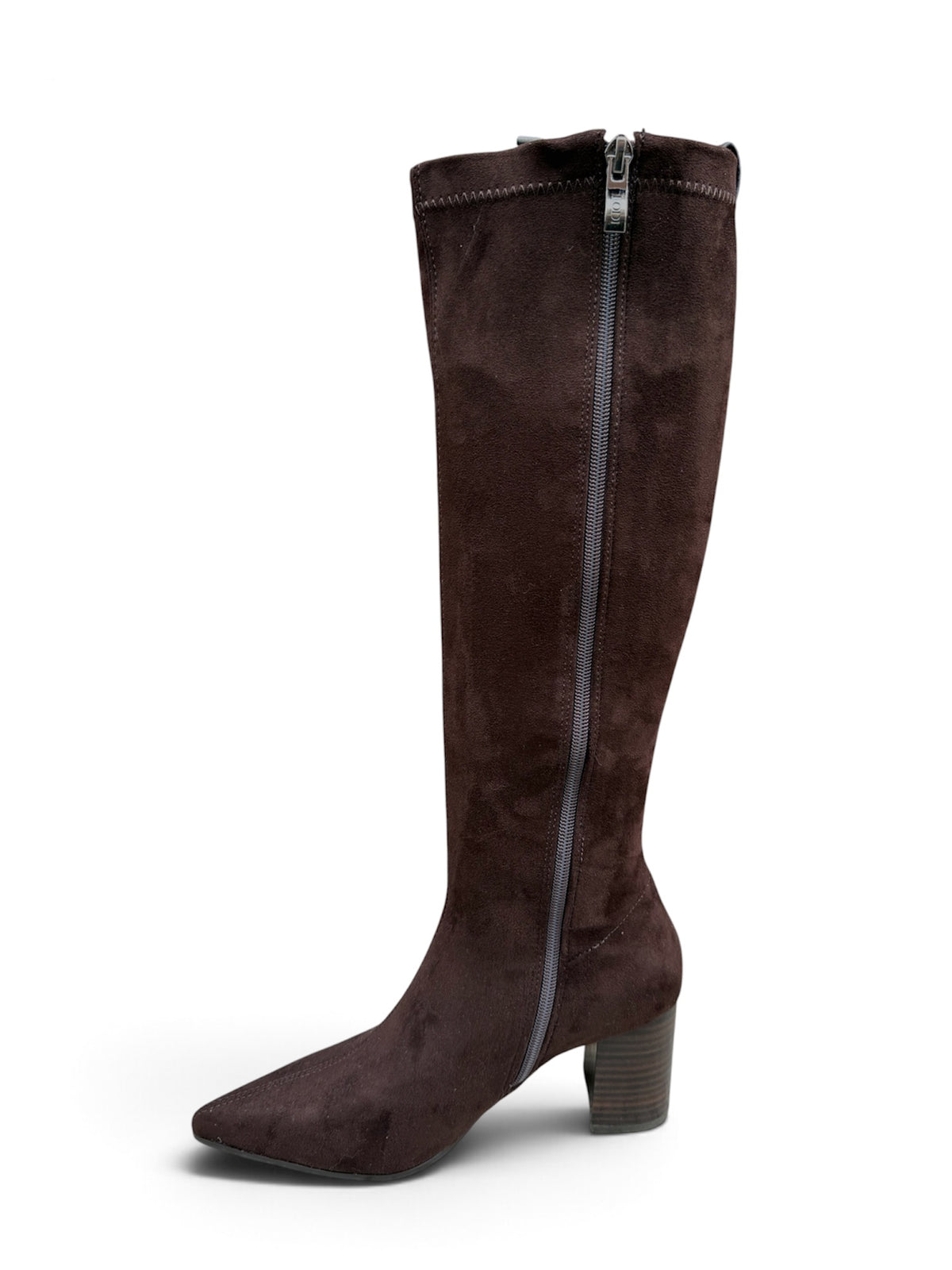 Lodi Gladis brown suede knee-high pointed toe sock boots with block heel - zip view