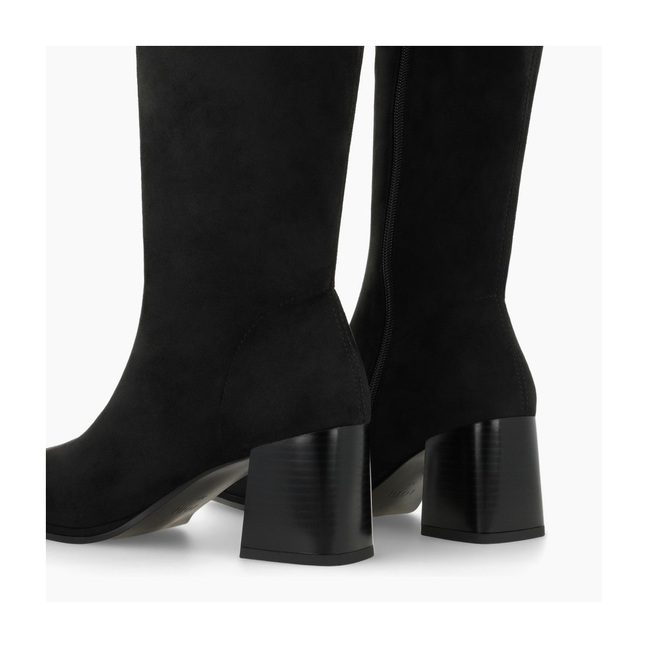 Lodi Halbor black suede boots, back view with small block heel