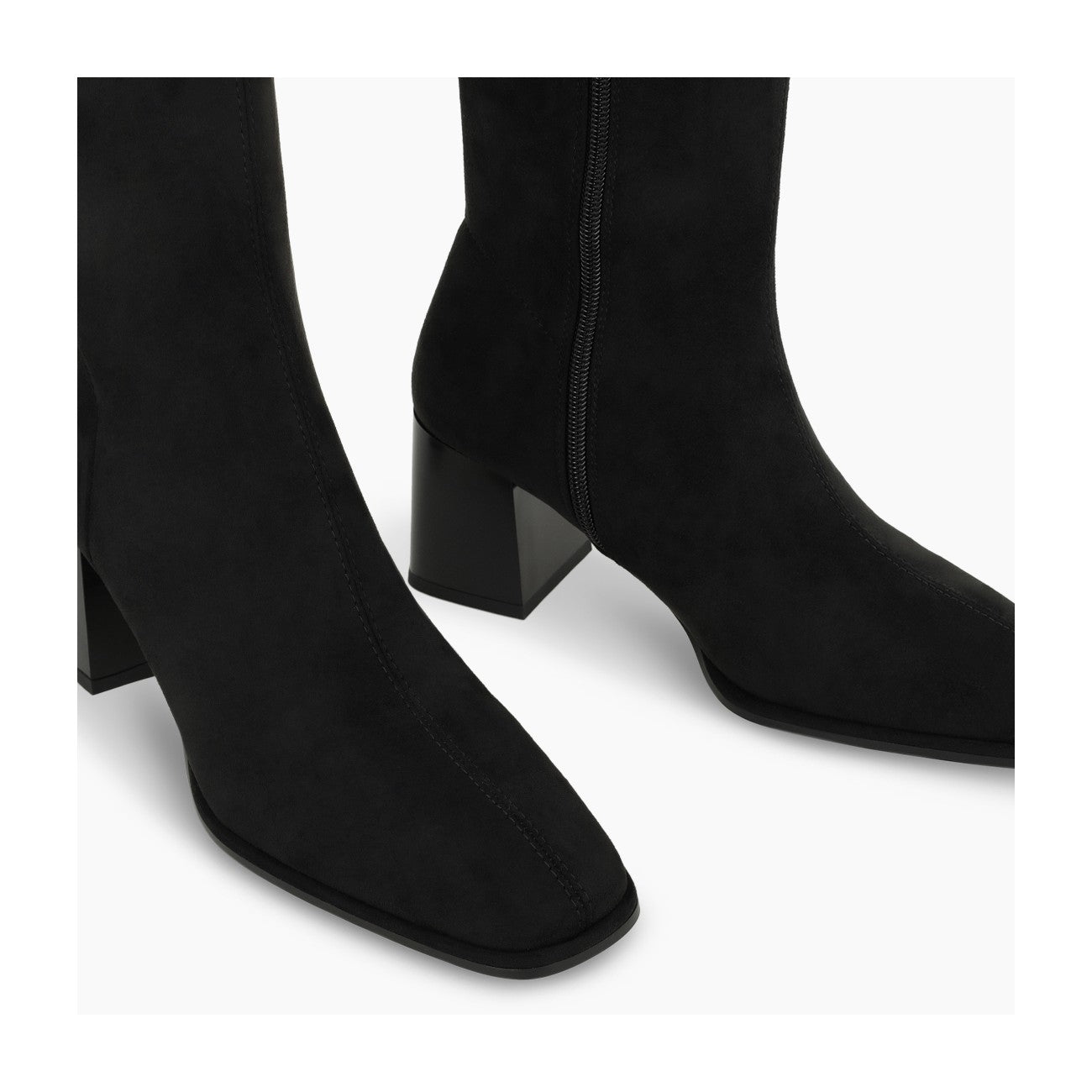 Lodi Halbor black suede low heel boots, front view with inside zip.