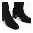 Lodi Halbor black suede low heel boots, front view with inside zip.