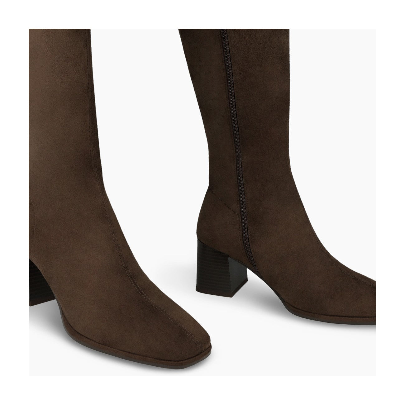 Lodi Halbor knee-high suede boot in chocolate brown, inside zip view.