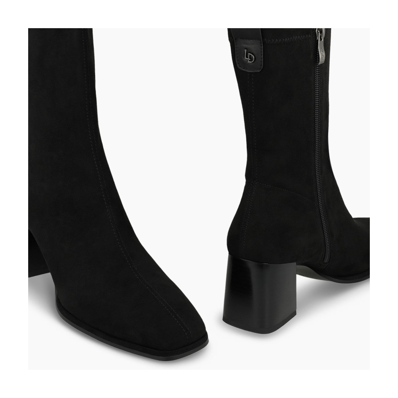Close-up of Lodi Heka black suede boot with soft square toe and stacked block heel.