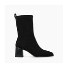 Lodi Heka black suede ankle boot with soft square toe and 6.5 cm block heel, side view.