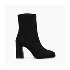 Black suede Laira ankle boot, side profile with high block heel and platform.