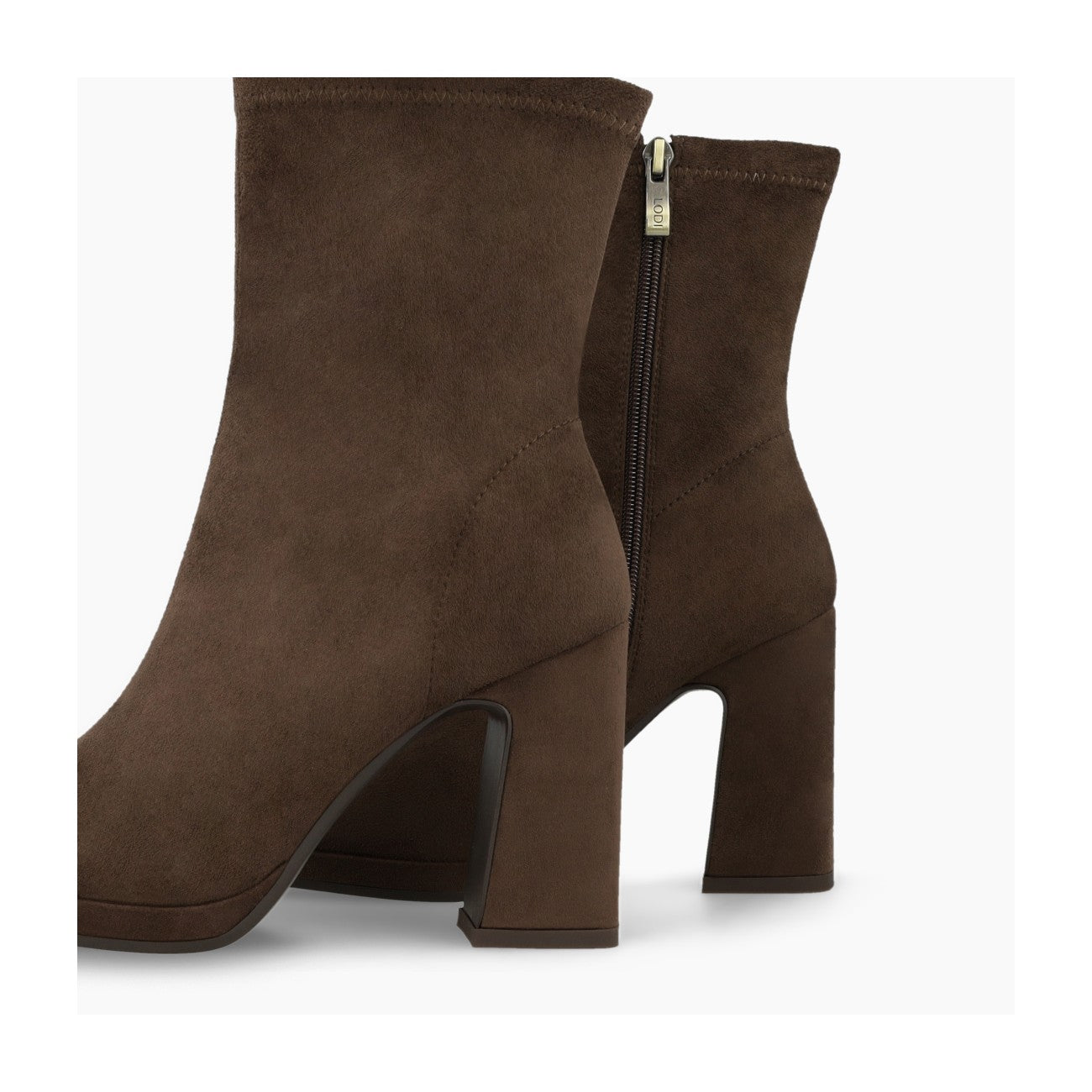 Brown suede Lodi Laira ankle boot with high block heel and side zip