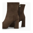Brown suede Lodi Laira ankle boot with high block heel and side zip